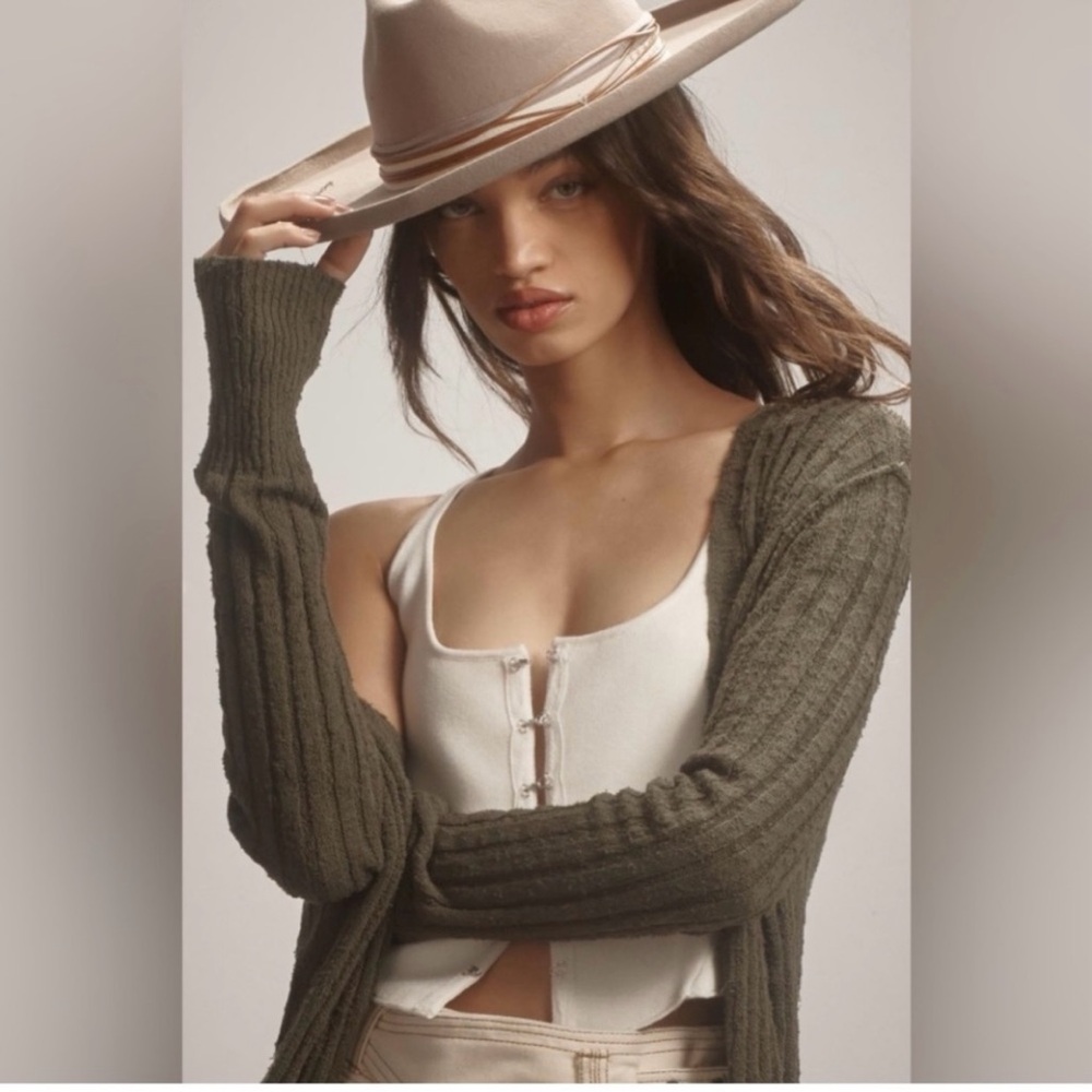LOW START - ANTHROPOLOGIE Pilcro Duster Women’s Medium Olive Long Sweater - Picture 4 of 11